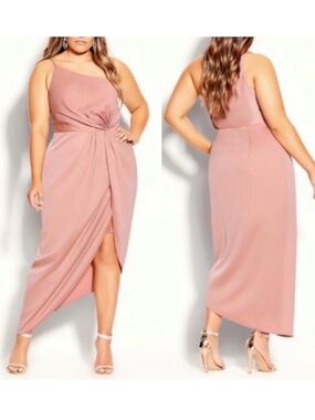 City Chic One Shoulder Sensual Satin Evening Tulip Hem Dress: Baby Blush Pink